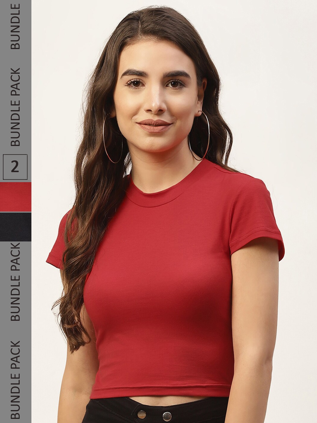 

FEMEA Pack of 2 Round Neck Cotton Crop Tops, Red