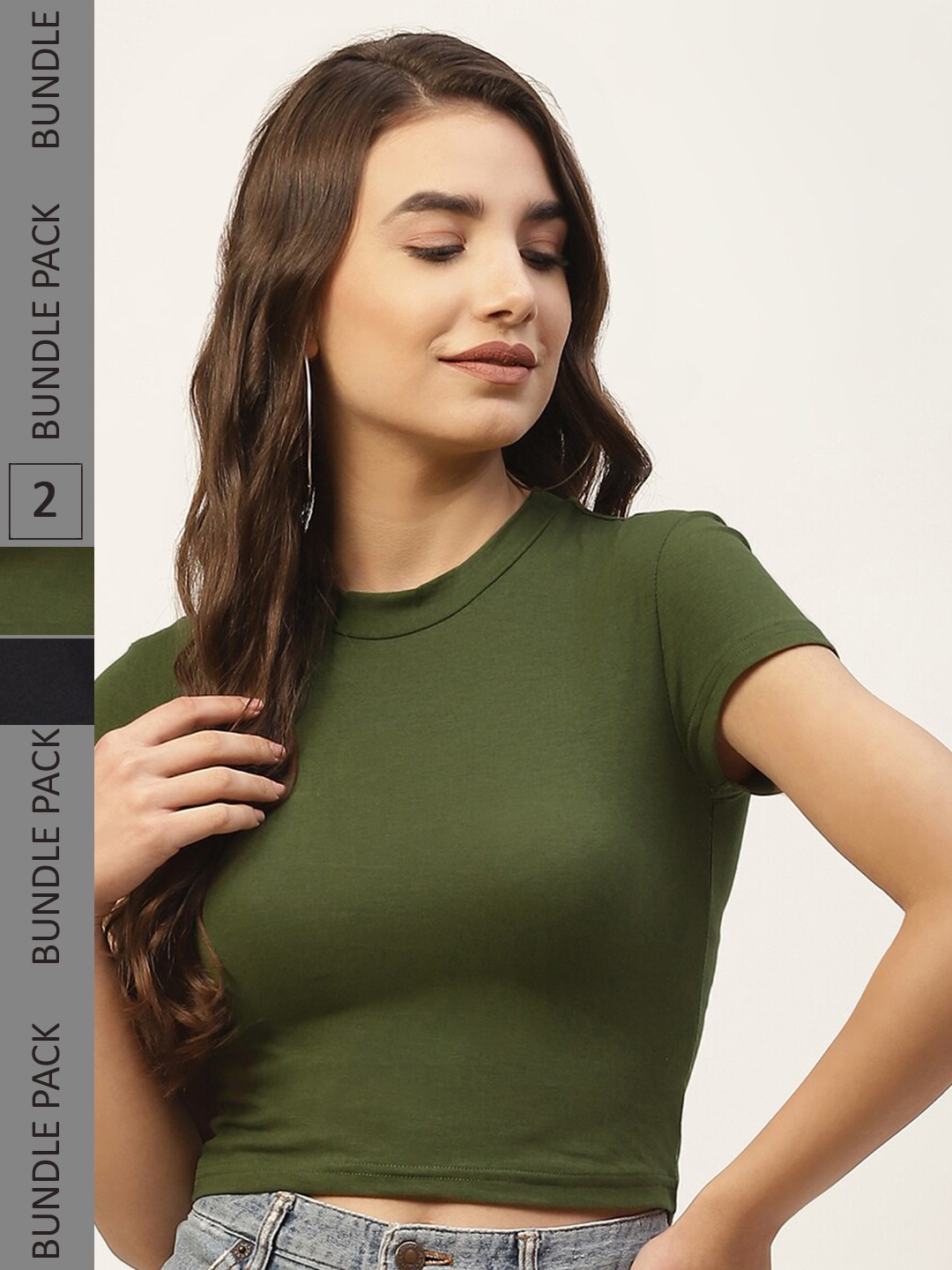 

FEMEA Pack of 2 Round Neck Cotton Crop Tops, Olive