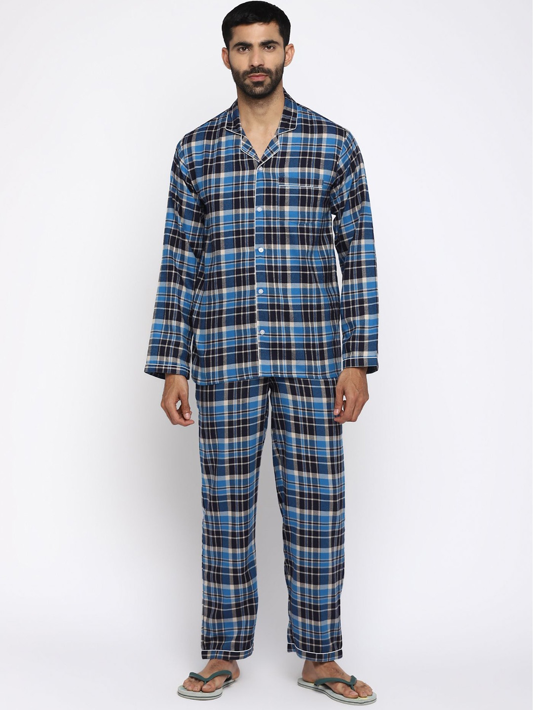 

shopbloom Checked Pure Cotton Shirt Collar Night Suit, Blue