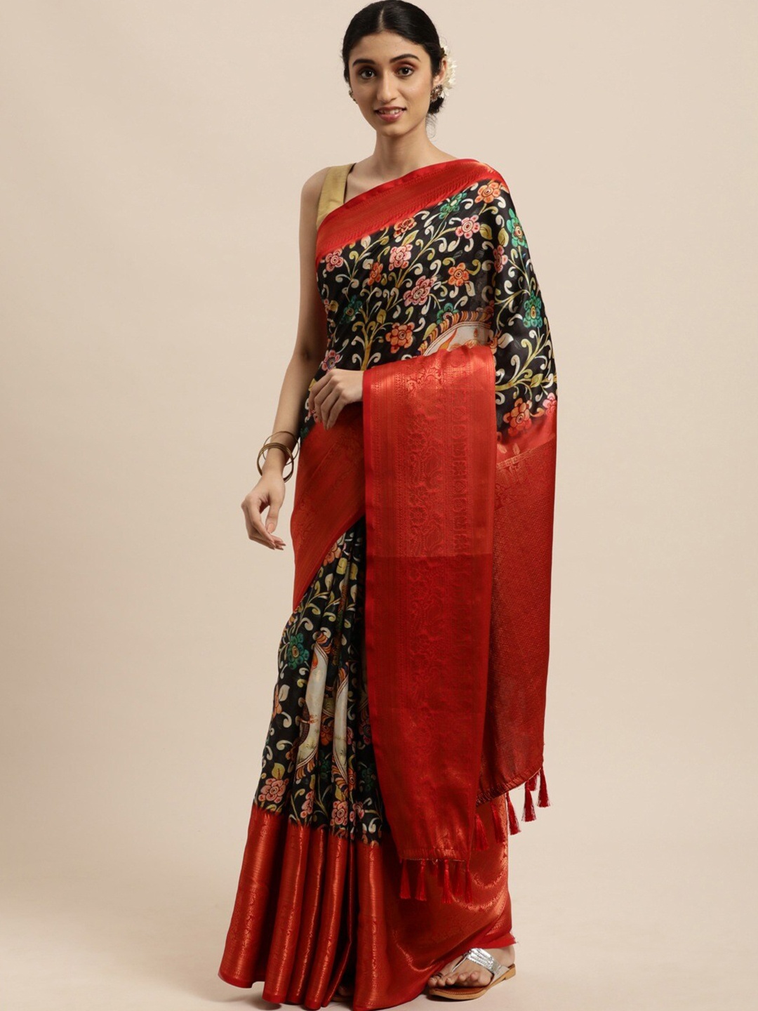 

JATRIQQ Floral Printed Zari Kanjeevaram Saree, Black