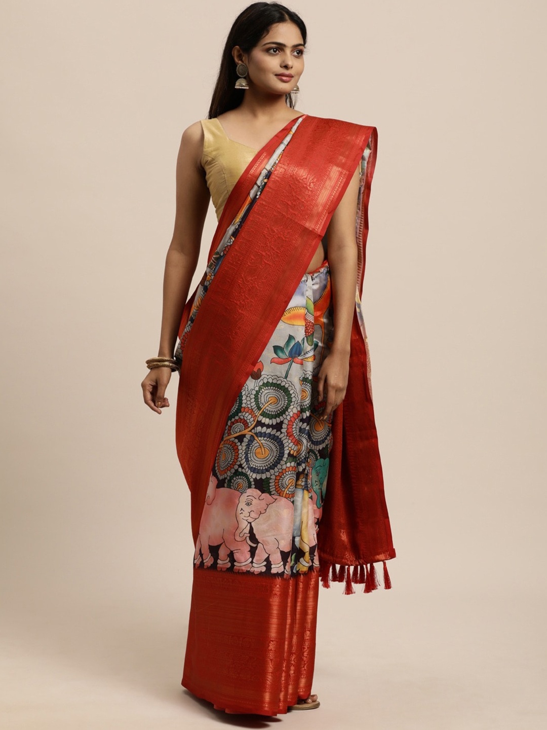 

JATRIQQ Kalamkari Zari Art Silk Kanjeevaram Saree, Grey