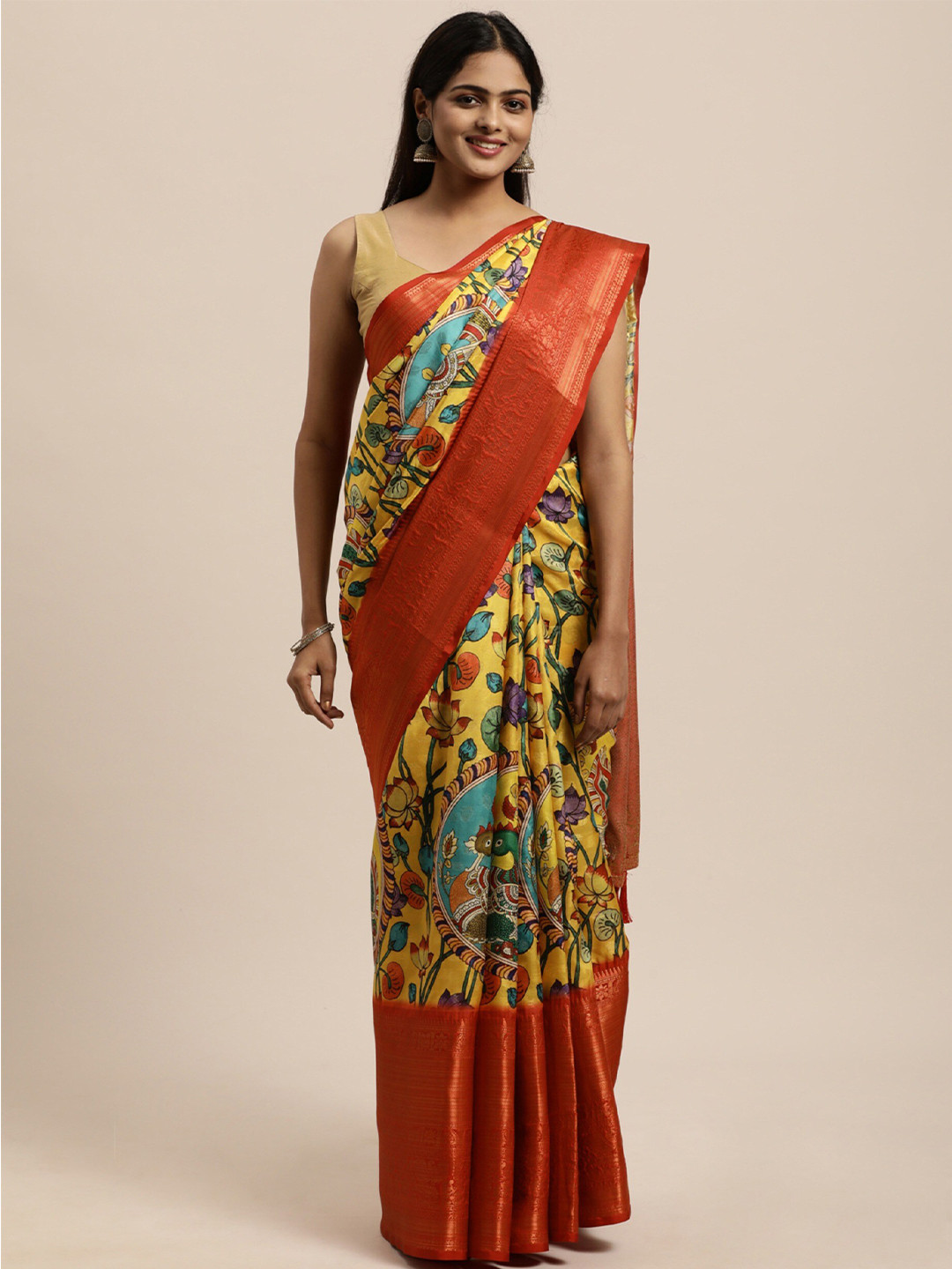 

JATRIQQ Kalamkari Zari Art Silk Kanjeevaram Saree, Yellow