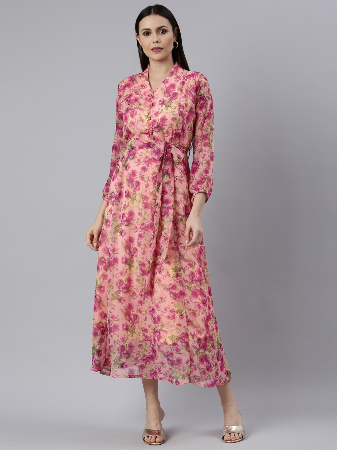 

Souchii Floral Printed V-Neck Belted Fit & Flare Midi Dress, Peach