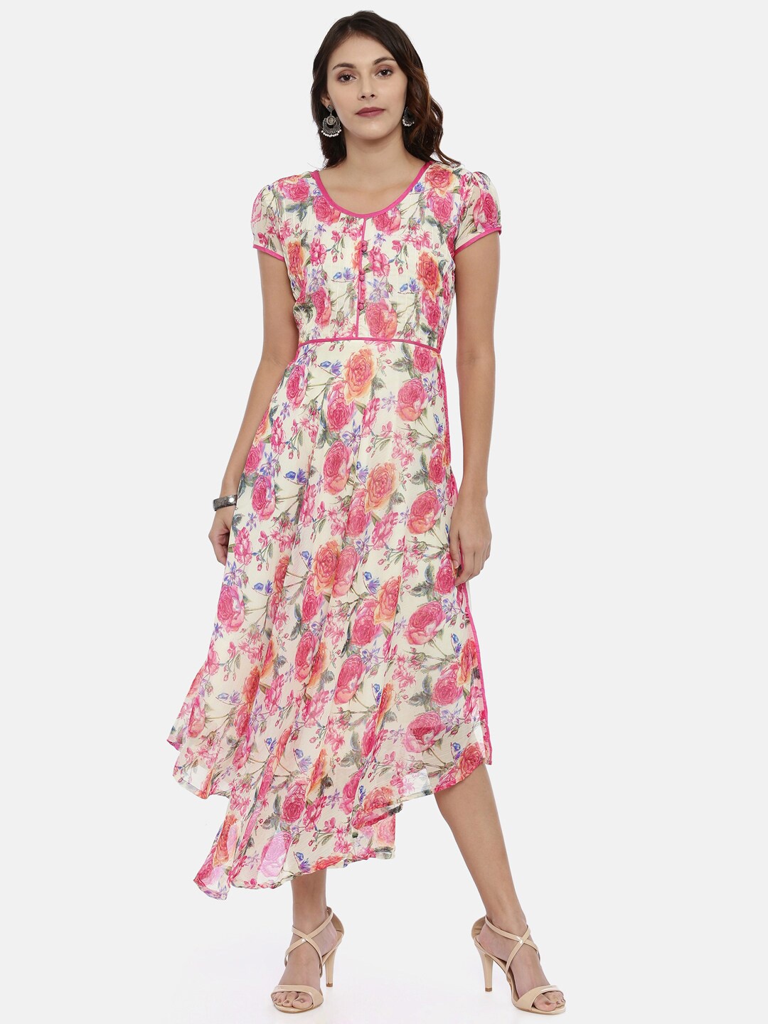 

Souchii Floral Printed Round Neck Belted Fit & Flare Midi Dress, Cream