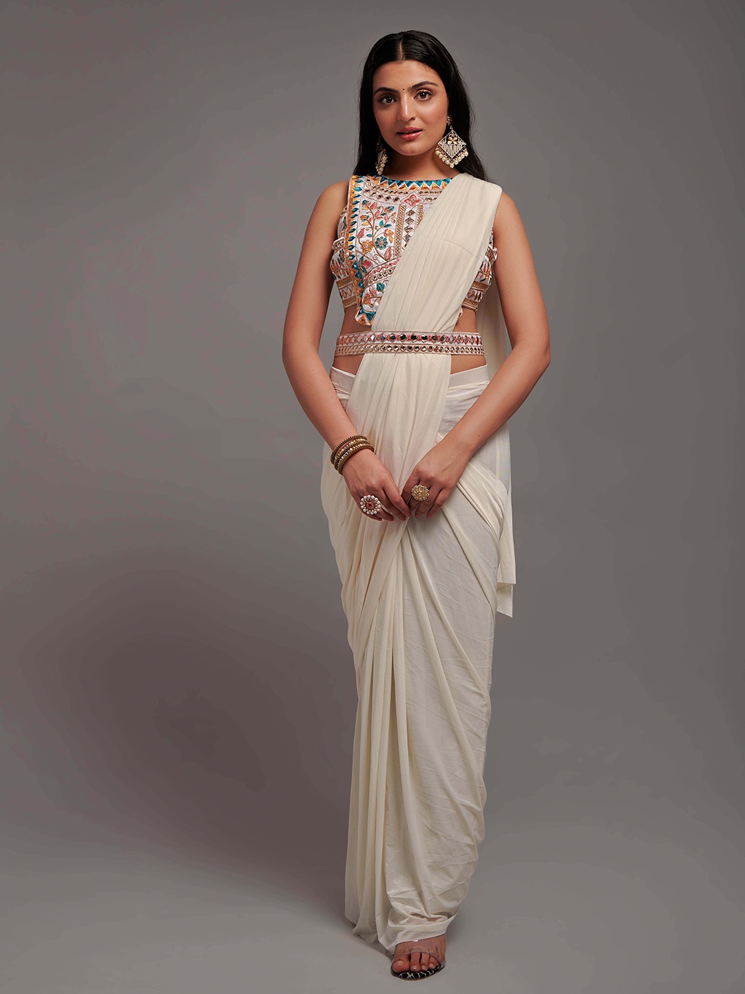 

KALINI Embroidered Ready to Wear Saree With Semi Stitched Blouse, White