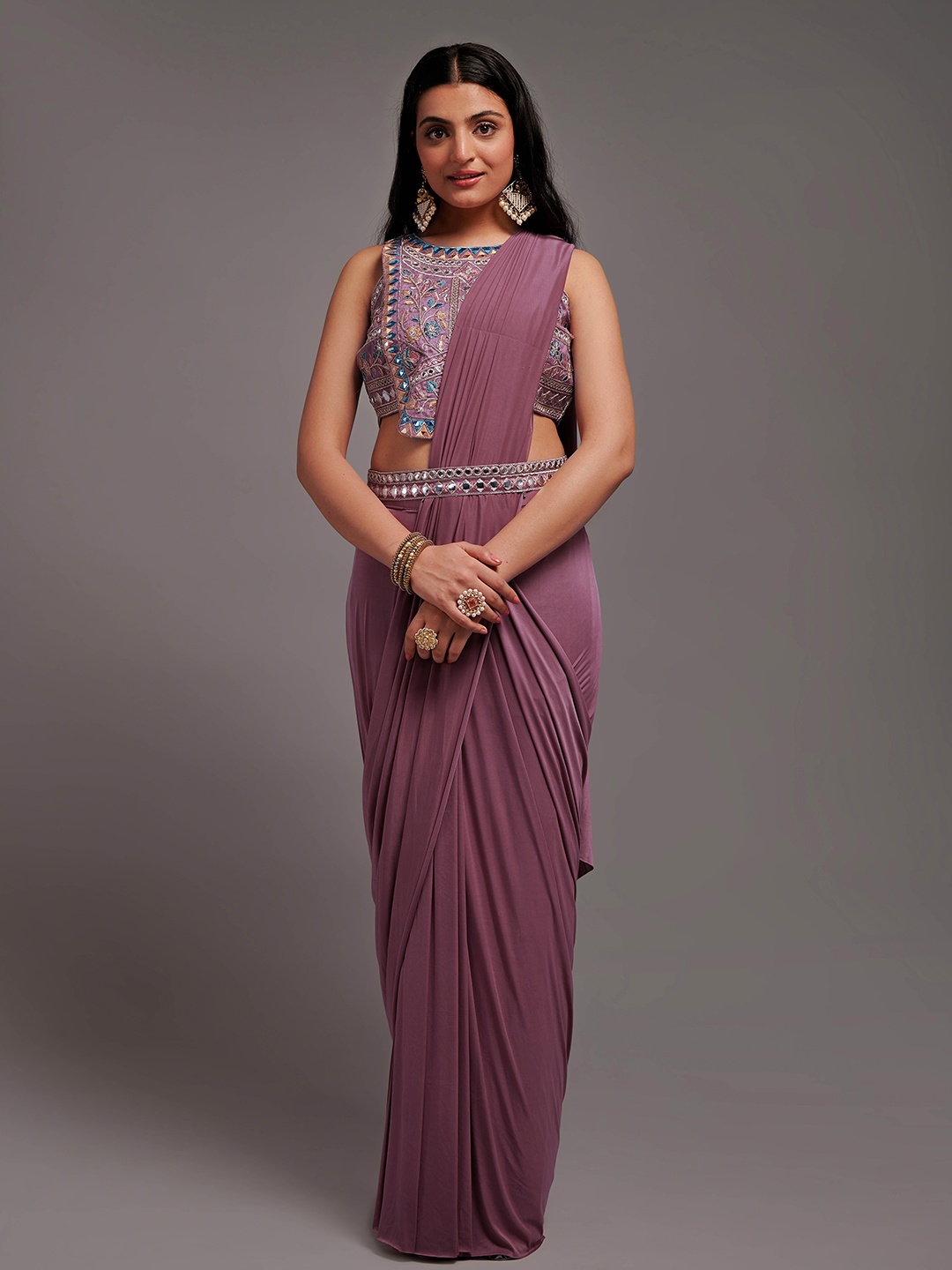 

KALINI Embroidered Ready to Wear Saree With Semi Stitched Blouse, Mauve