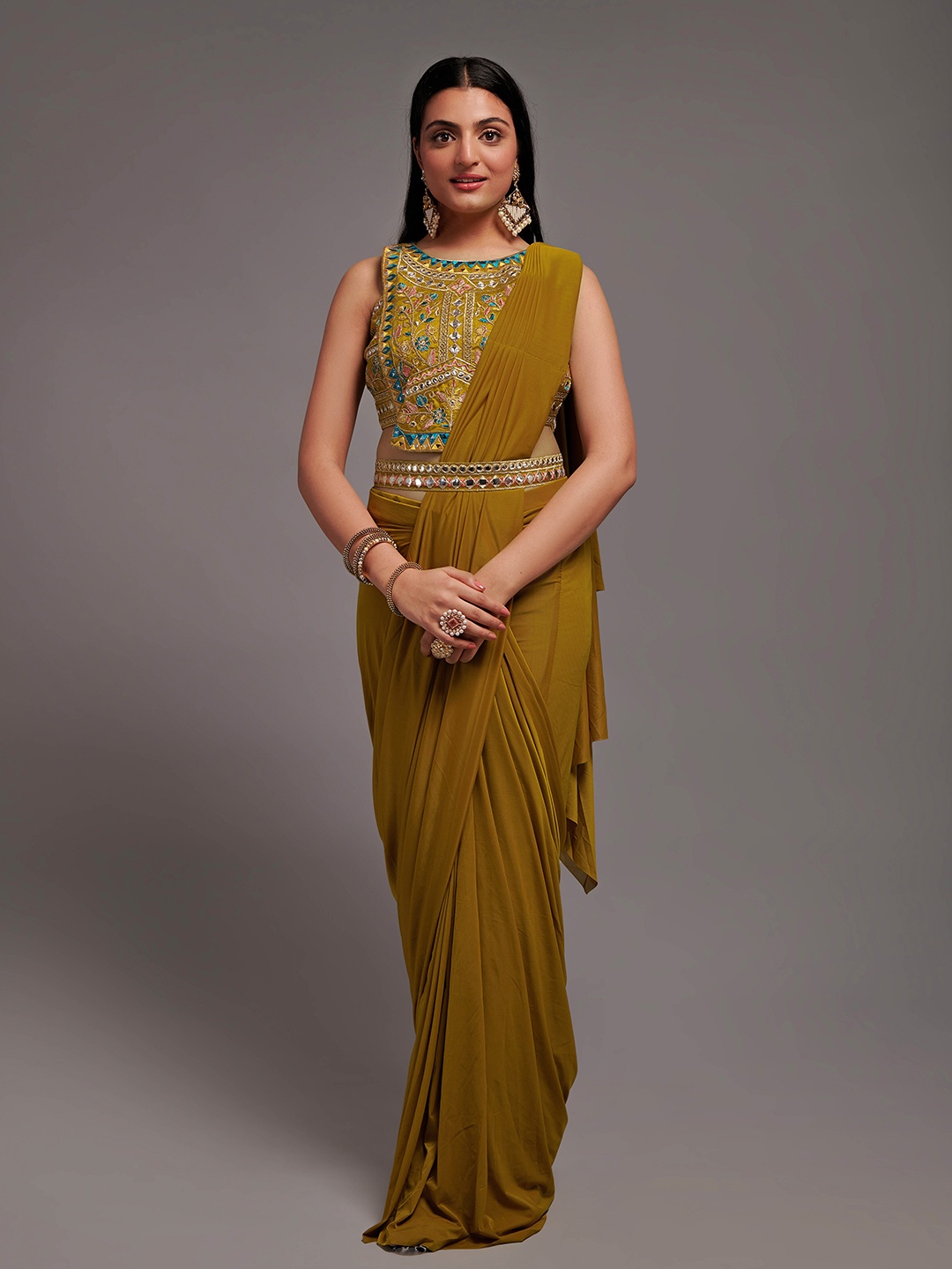 

KALINI Embroidered Ready to Wear Saree With Semi Stitched Blouse, Mustard