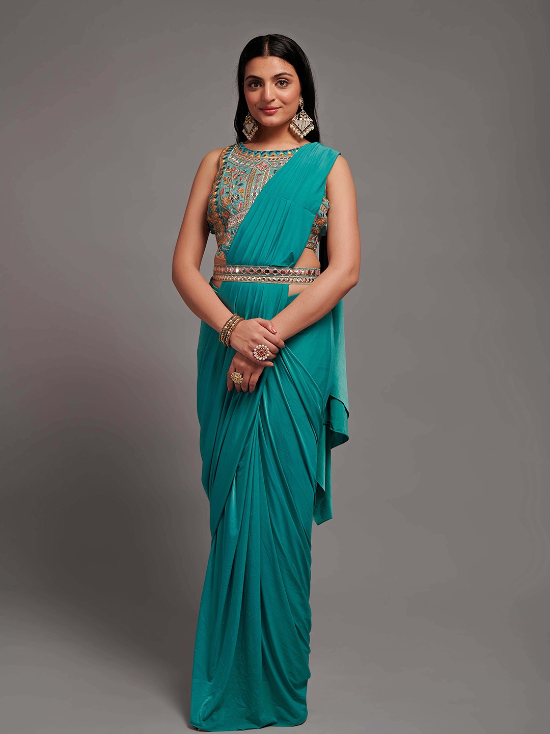 

KALINI Embroidered Ready to Wear Saree With Semi Stitched Blouse, Turquoise blue