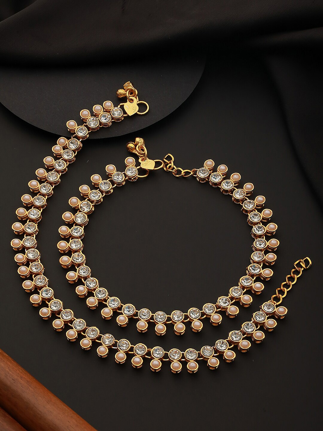 

Jazz and Sizzle Set Of 2 Gold-Plated Kundan-Studded & Pearl Beaded Anklets