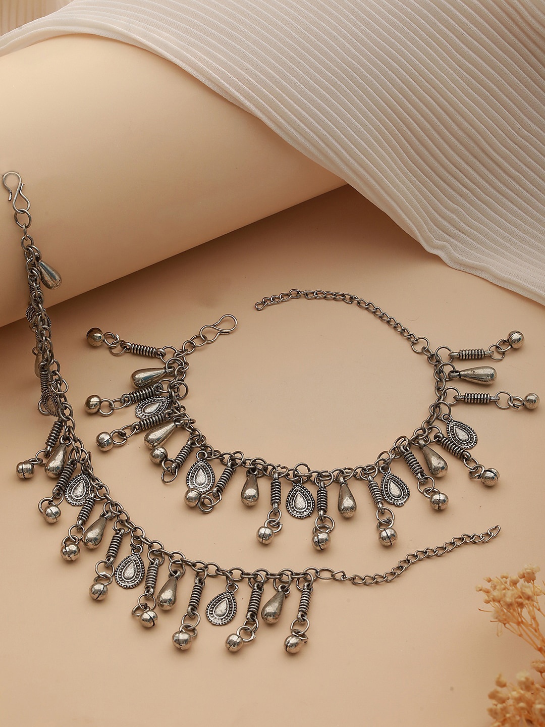 

Jazz and Sizzle Set Of 2 Silver-Plated & Ghungroo Oxidised Anklets