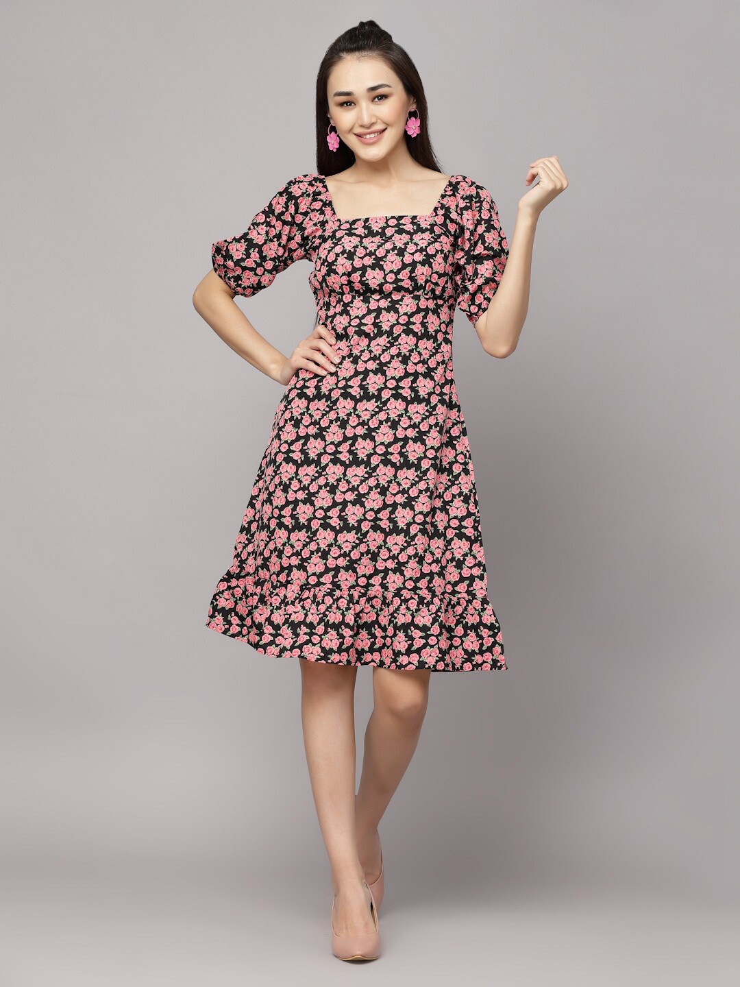 

aayu Floral Printed Puff Sleeve Crepe A-Line Dress, Black