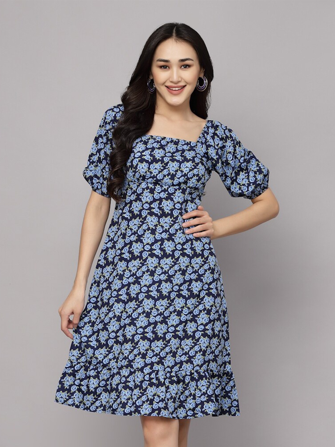 

aayu Floral Printed Puff Sleeve Crepe A-Line Dress, Blue