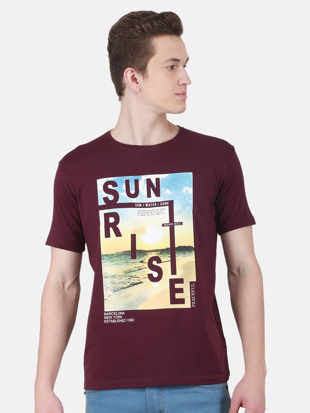 

Duke Graphic Printed Round Neck Regular Fit Cotton T-Shirt, Burgundy