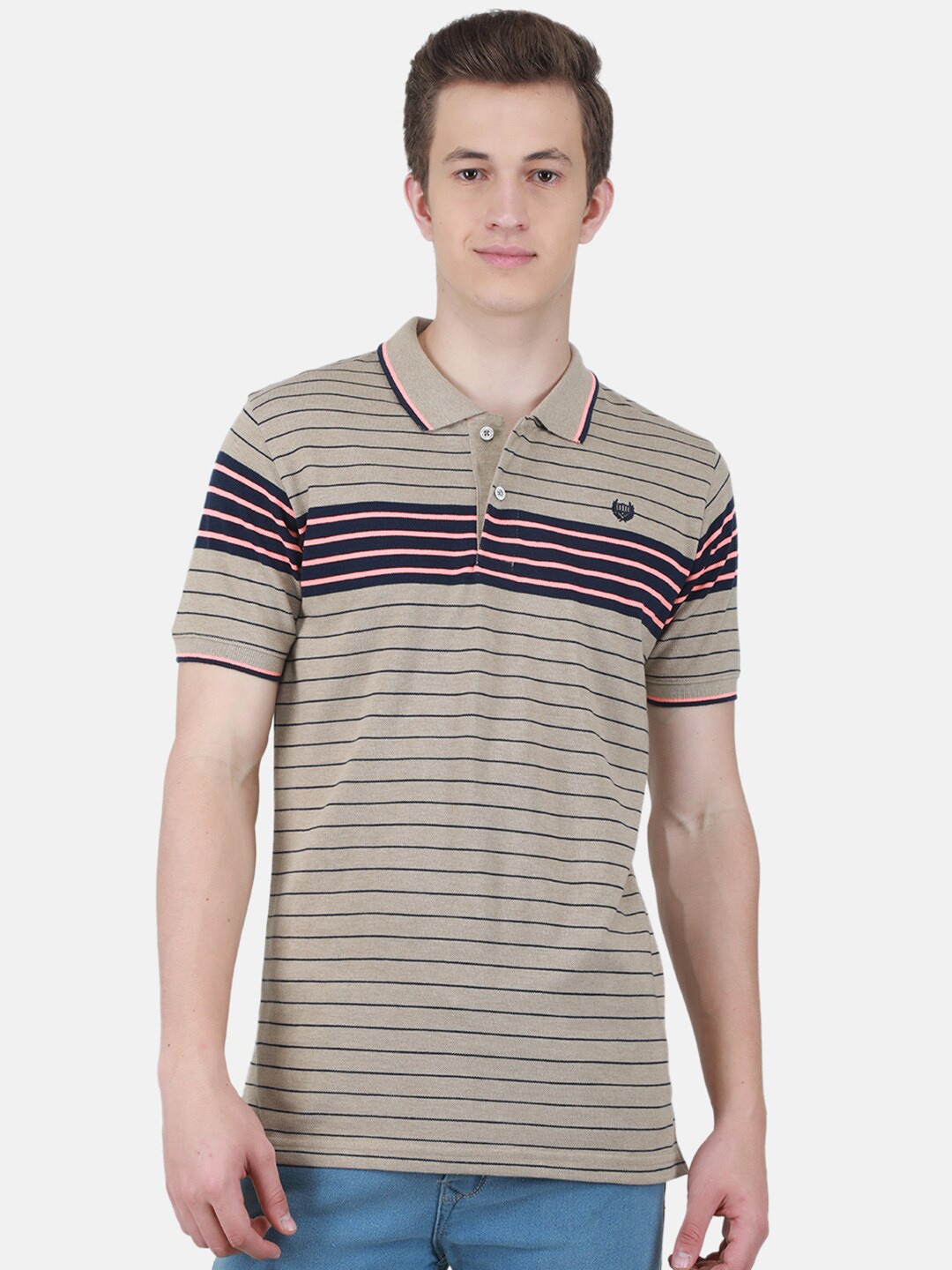 

Duke Striped Polo Collar Slim Fit Cotton Casual T-Shirt, Beige