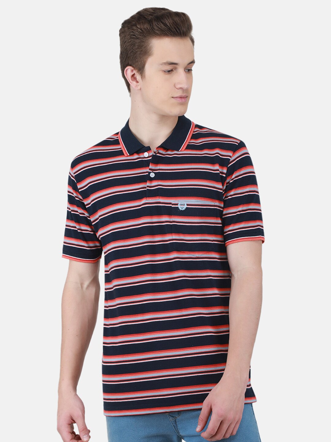 

Duke Striped Polo Collar Regular Fit Cotton Casual T-Shirt, Navy blue