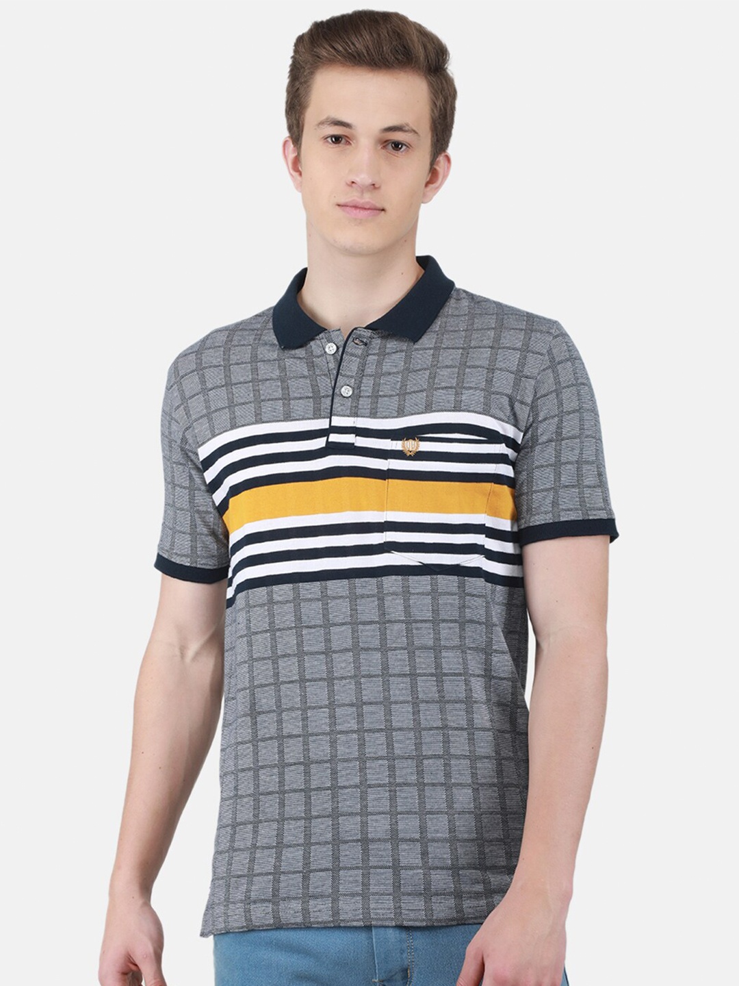 

Duke Checked Polo Collar Cotton T-Shirt, Grey