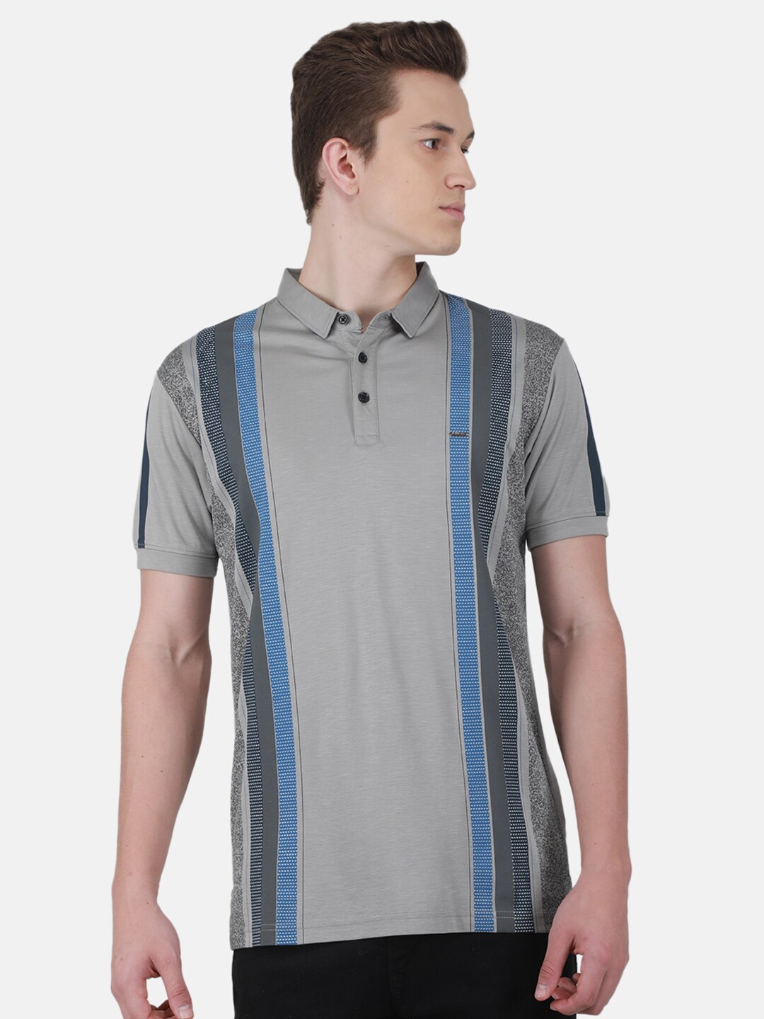 

Duke Striped Printed Polo Collar Slim Fit Cotton T-Shirt, Grey