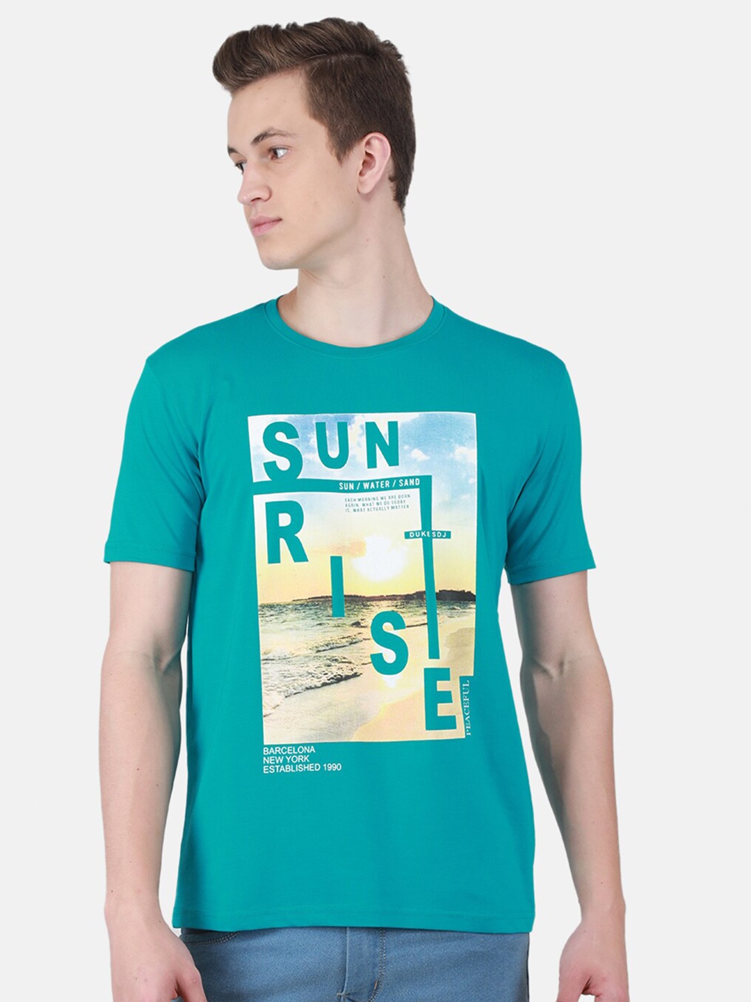 

Duke Graphic Printed Regular Fit Cotton Casual T-Shirt, Turquoise blue