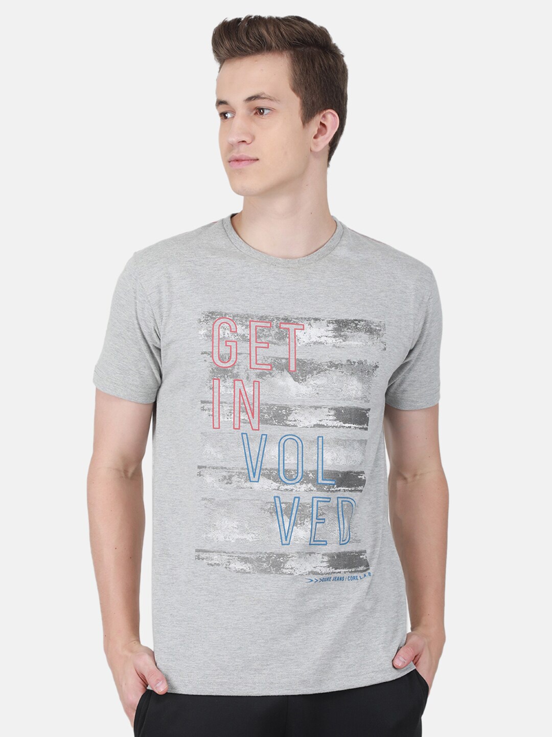 

Duke Typography Printed Round Neck Slim Fit Cotton T-Shirt, Grey