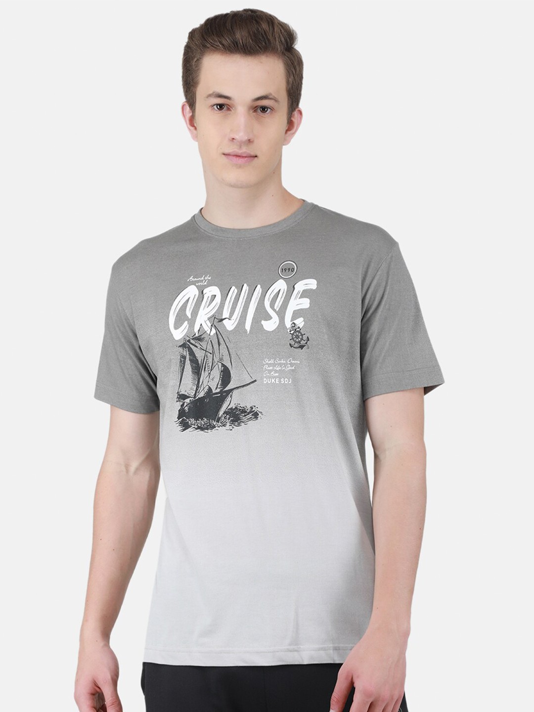 

Duke Typography Printed Round Neck Slim Fit Cotton T-Shirt, Grey