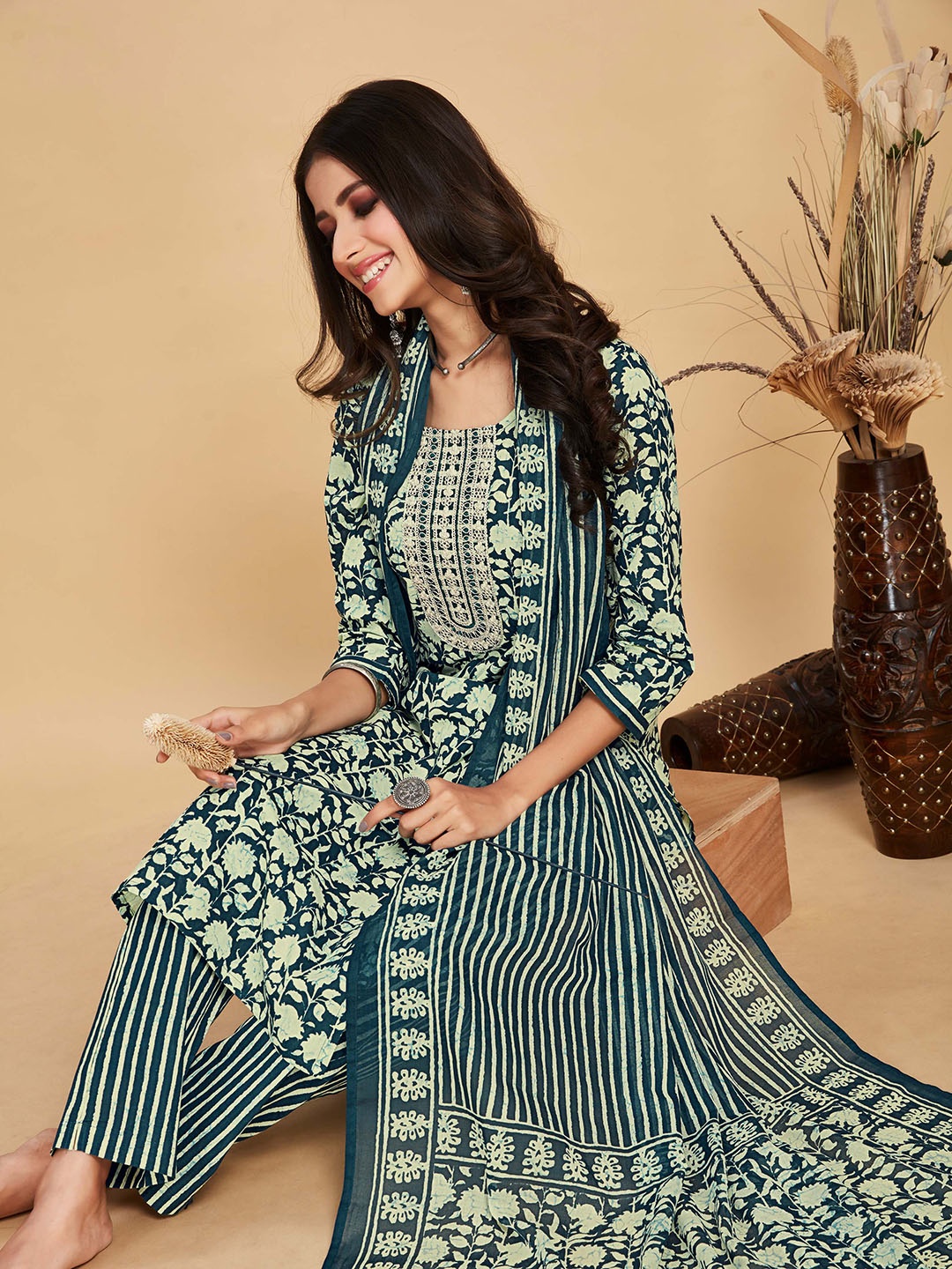 

Sangria Green & Beige Printed Pure Cotton Straight Kurta & Trouser With Dupatta