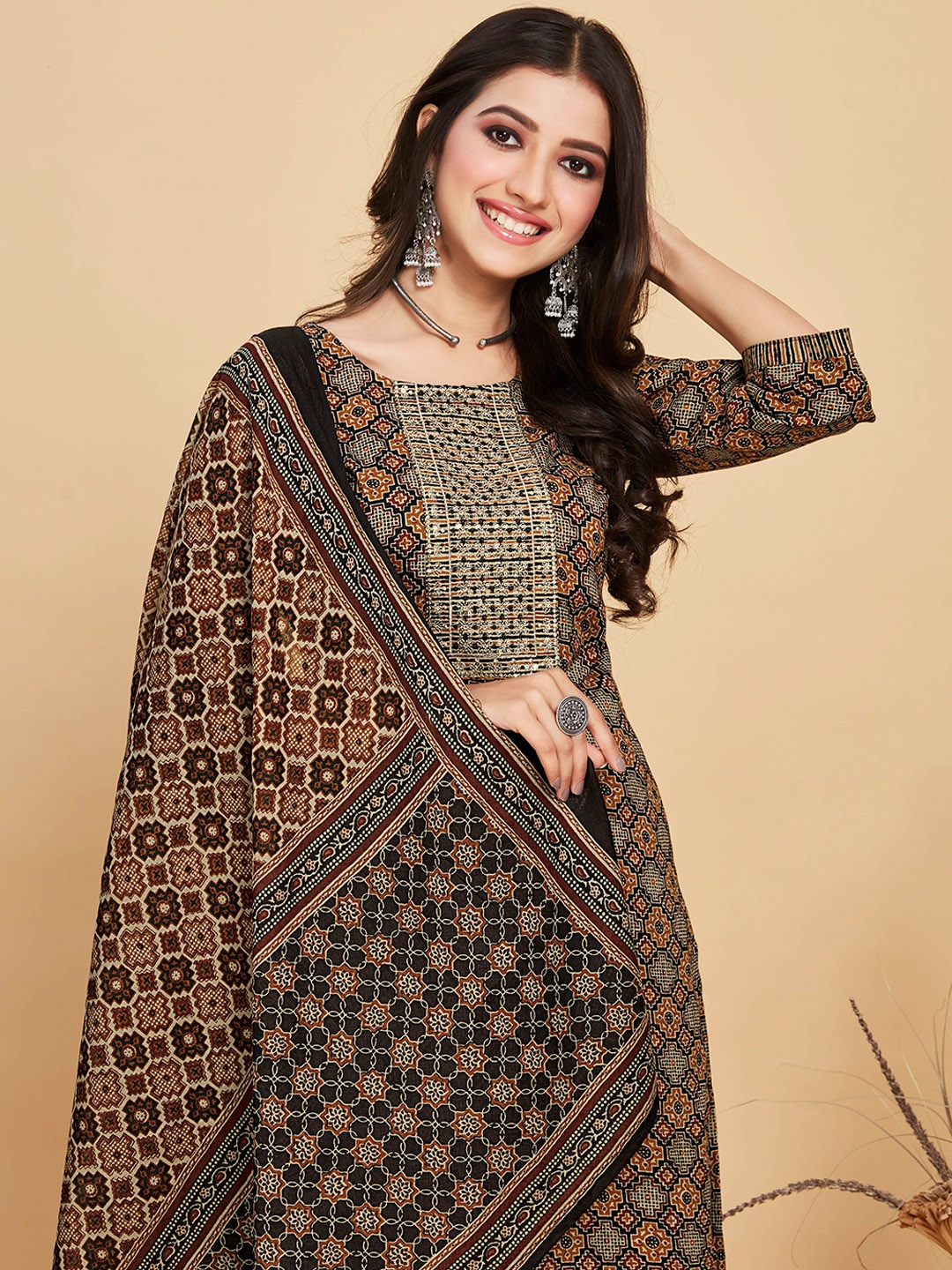 

Sangria Brown & Black Printed Pure Cotton Straight Kurta & Trouser With Dupatta