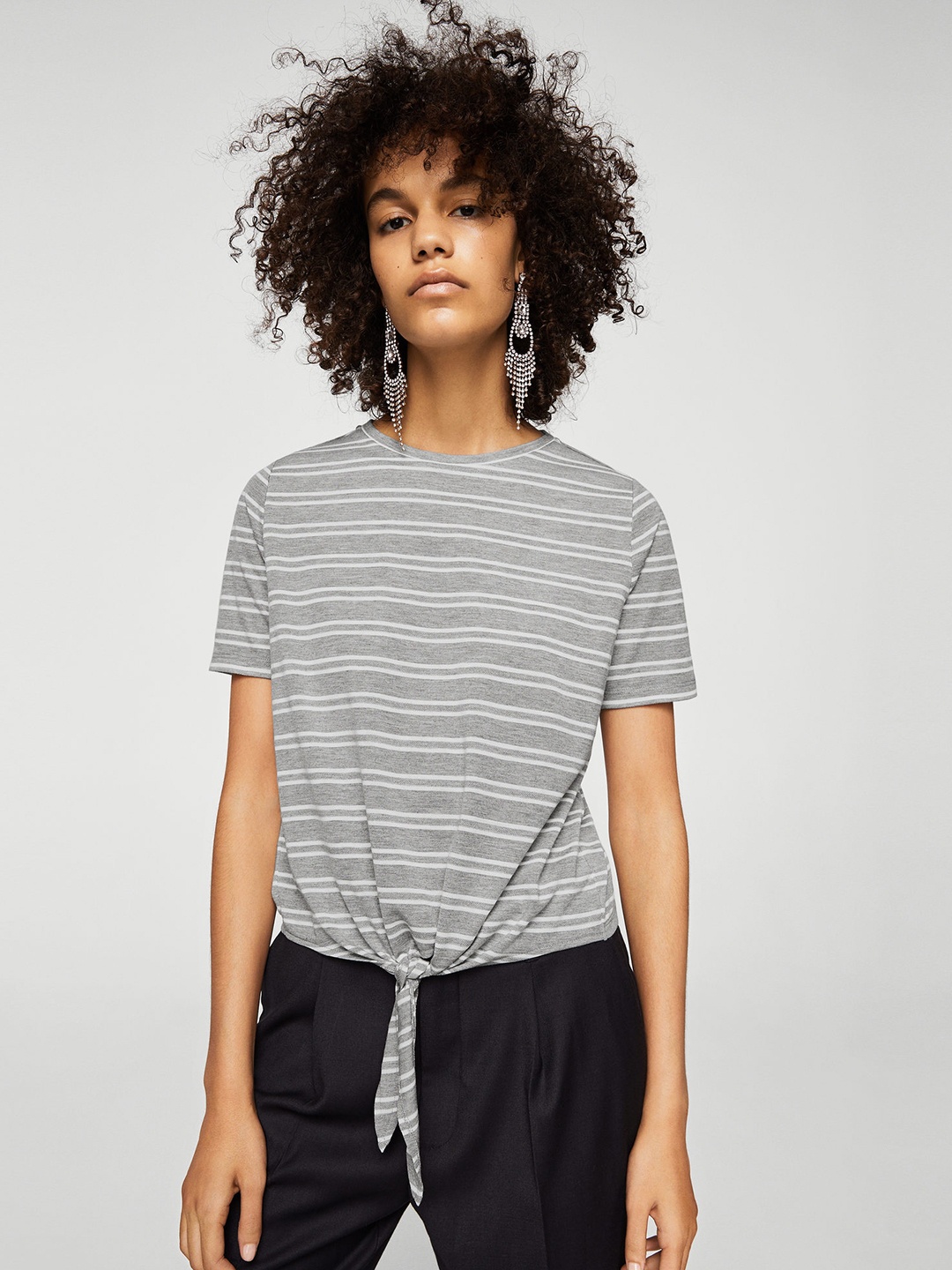 

MANGO Women Grey Melange & White Striped Top