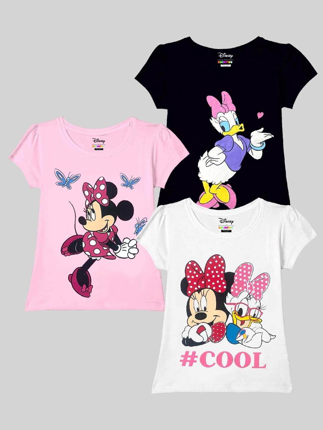 

KUCHIPOO Girls Pack Of 3 Minnie & Daisy Printed T-shirt, Pink