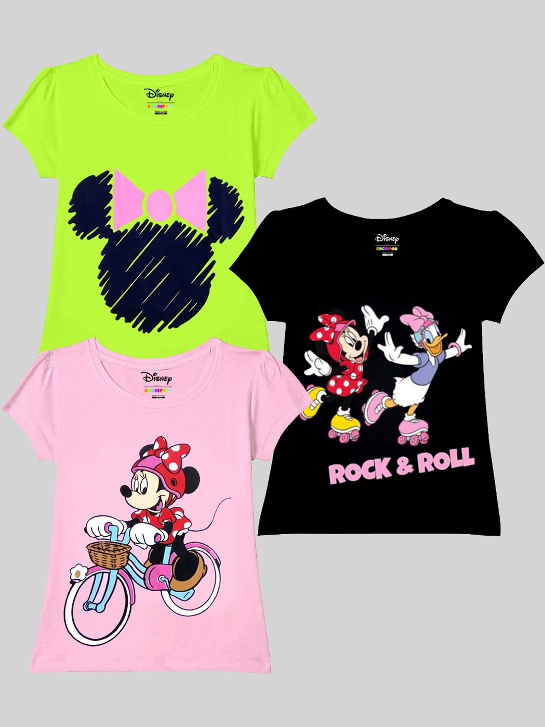 

KUCHIPOO Girls Pack Of 3 Minnie Mouse Printed Cotton T-shirts, Green