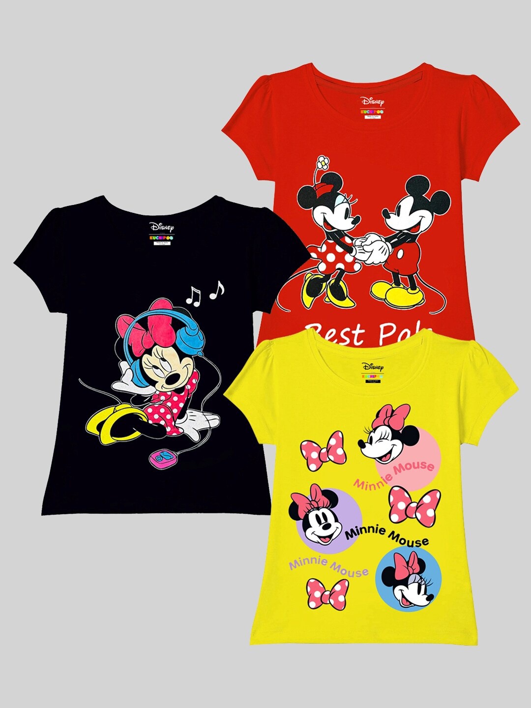 

KUCHIPOO Girls Pack Of 3 Minnie Mouse Printed Cotton T-shirt, Red