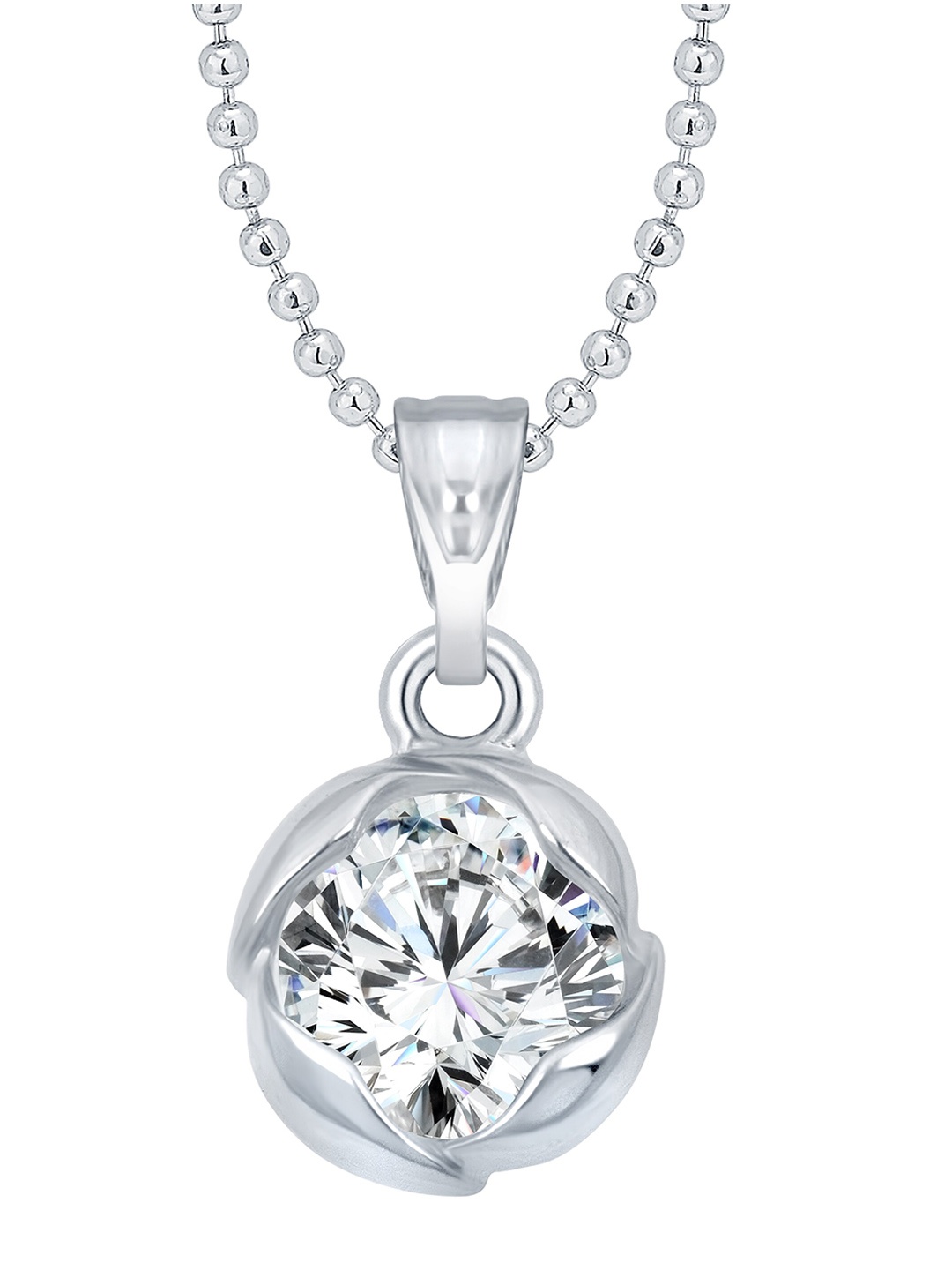 

Vighnaharta Rhodium-Plated CZ Stone Studded Lily Flower Solitaire Pendant With Chain, Silver