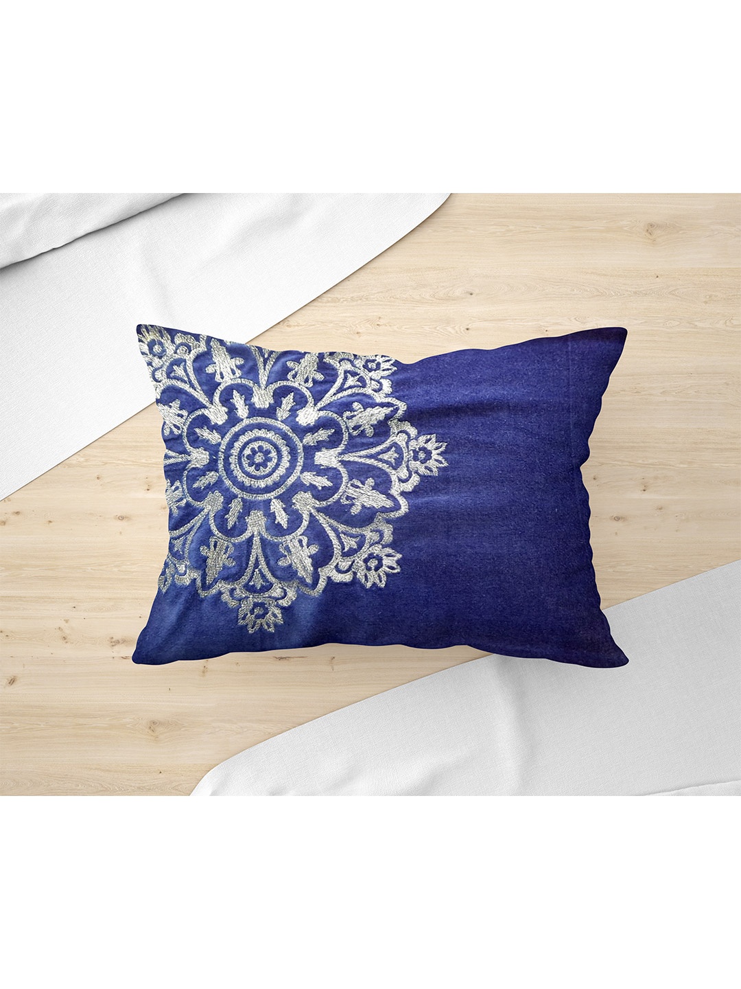 

Just Home Navy Blue & Silver-Toned Embroidered Velvet Rectangle Cushion Cover
