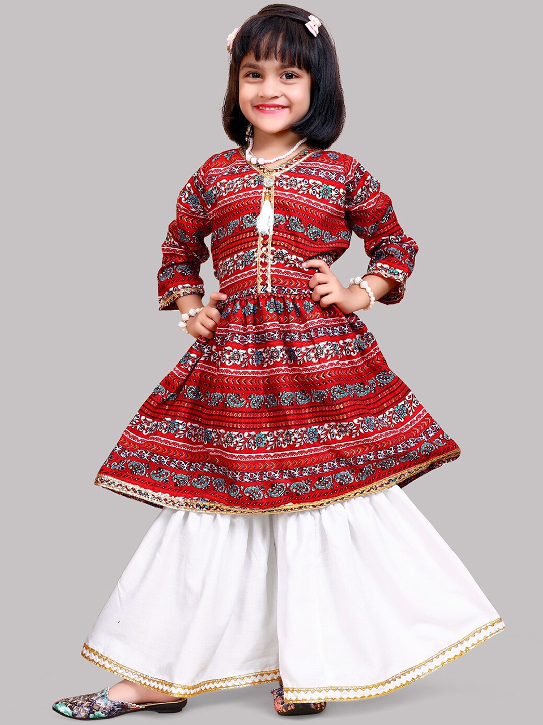 

BAESD Girls Printed Regular Gotta Patti Kurta with Palazzos, Red