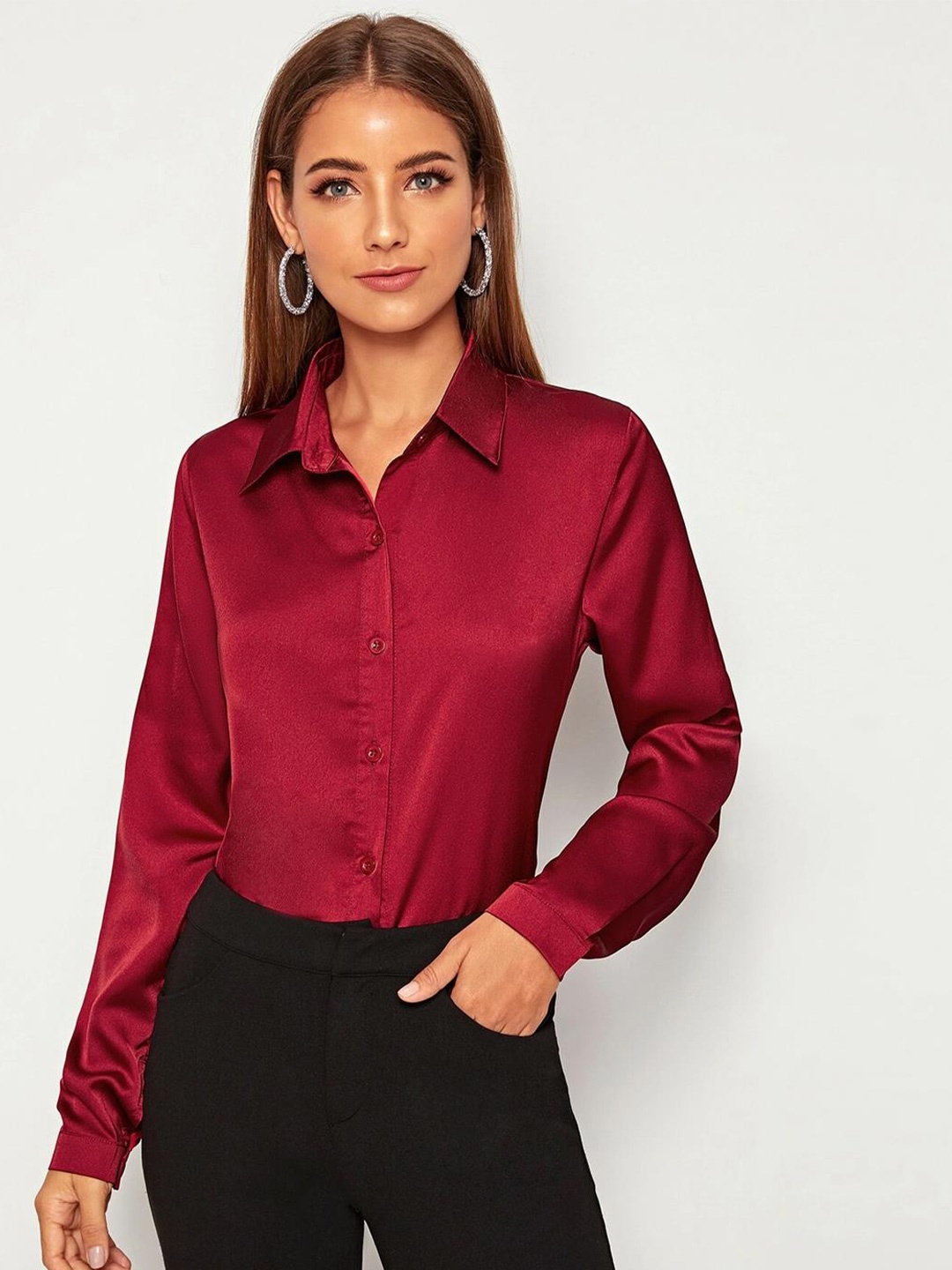 

KOTTY BIZwear Maroon Modern Spread Collar Satin Casual Shirt