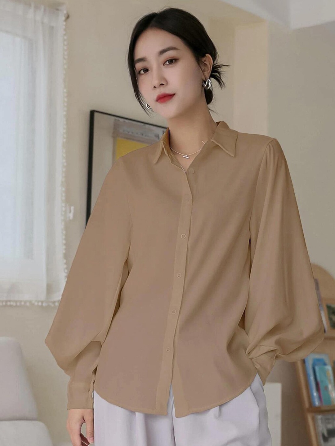 

Kotty Beige Modern Spread Collar Casual Shirt