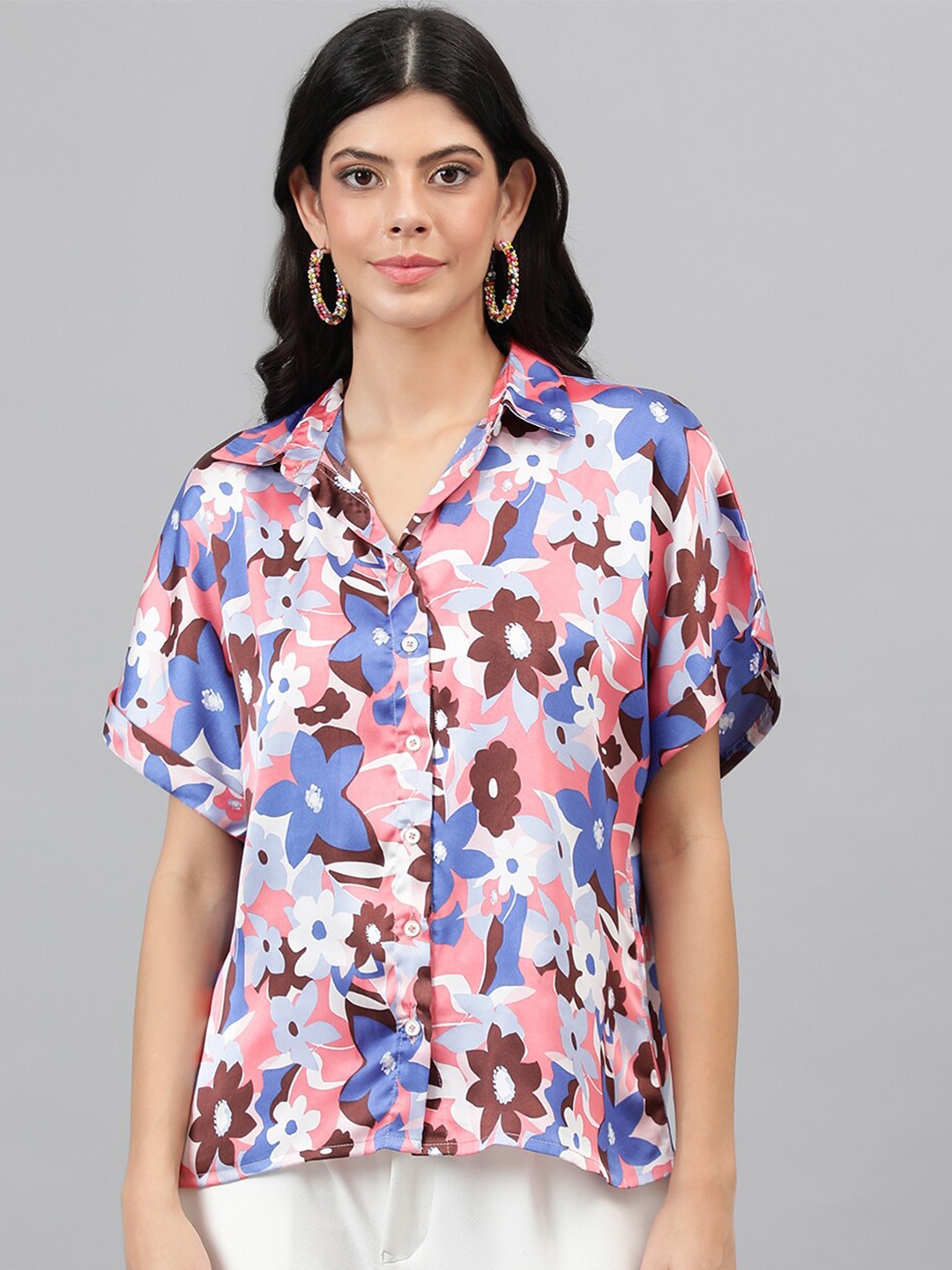 

Kotty Pink & Blue Modern Floral Printed Extended Sleeves Satin Casual Shirt