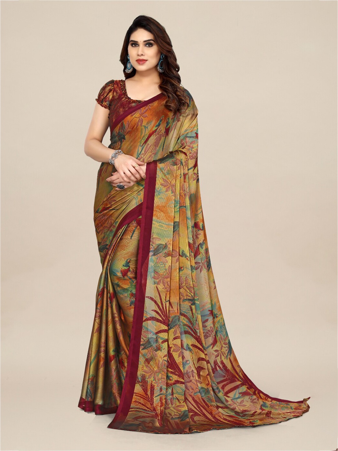 

FABMORA Floral Printed Saree, Maroon