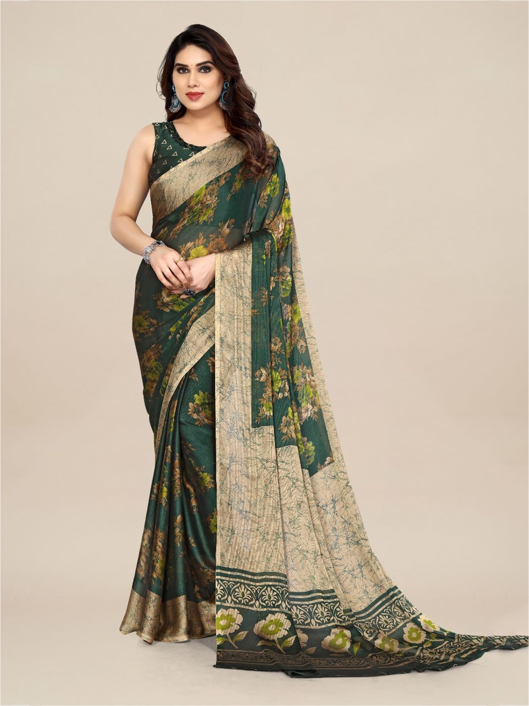 

FABMORA Floral Printed Zari Chiffon Saree, Sea green