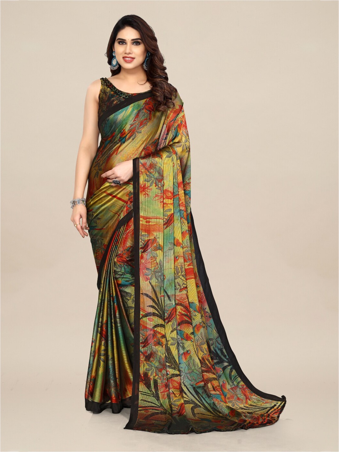 

FABMORA Floral Printed Saree, Black