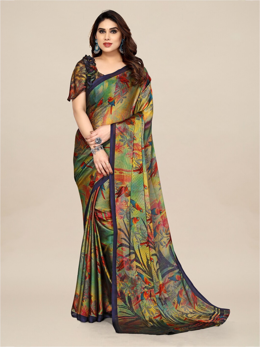 

FABMORA Floral Printed Saree, Navy blue