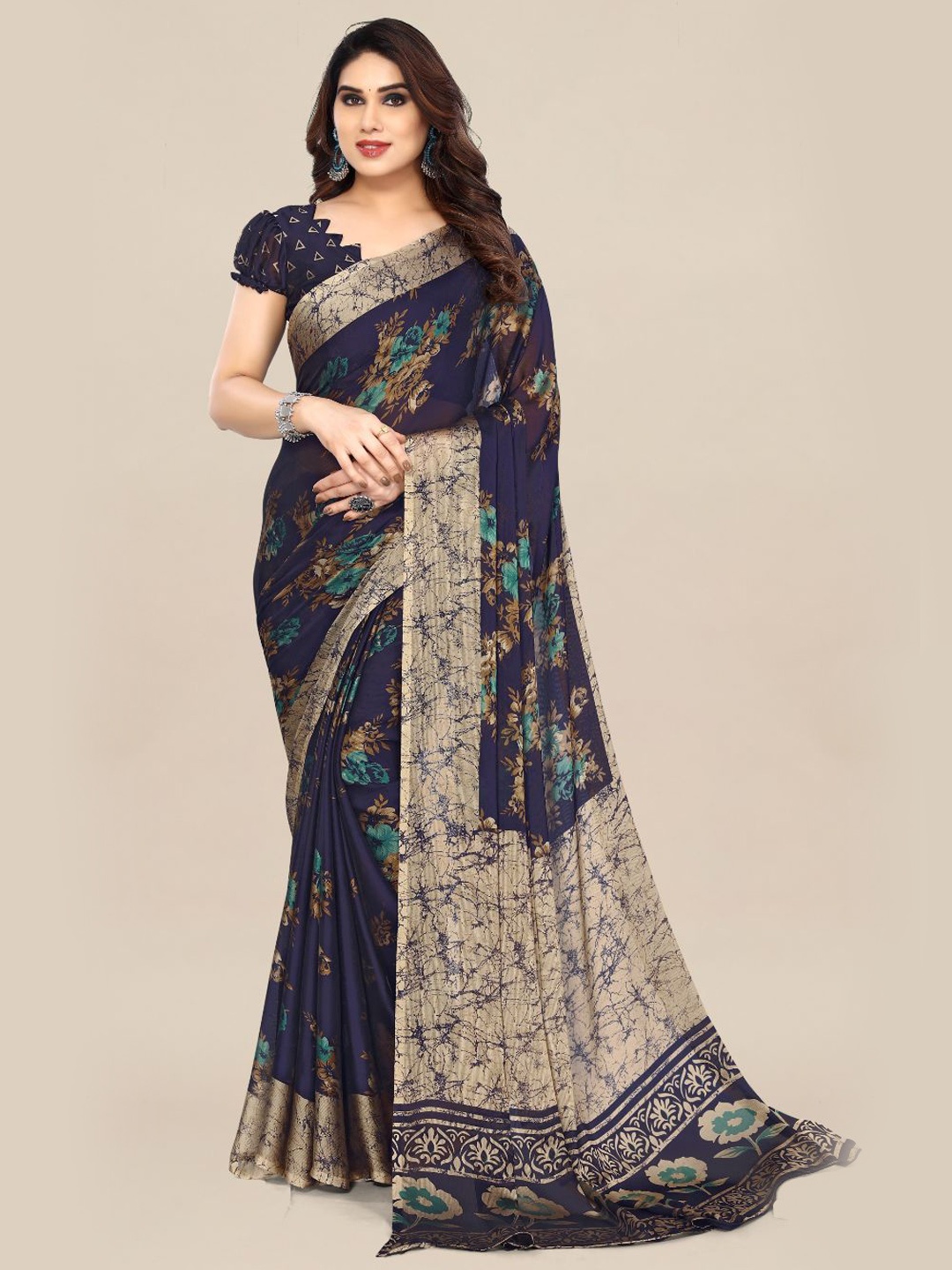 

FABMORA Floral Printed Saree, Navy blue