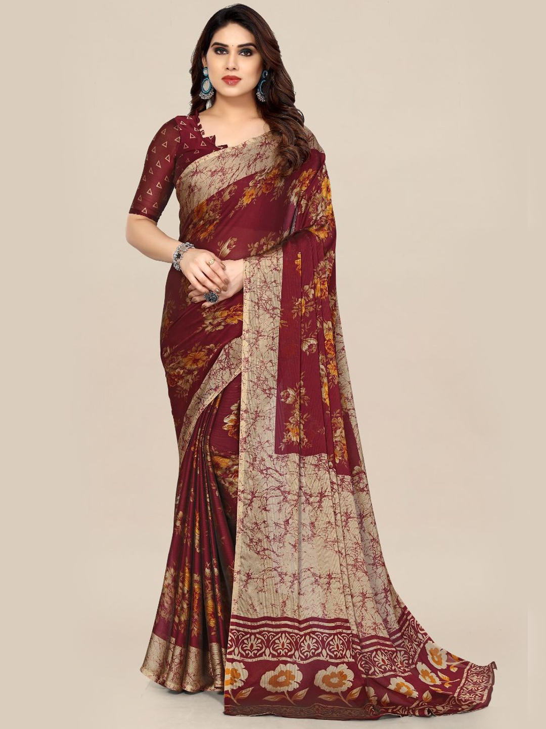 

FABMORA Floral Printed Saree, Maroon