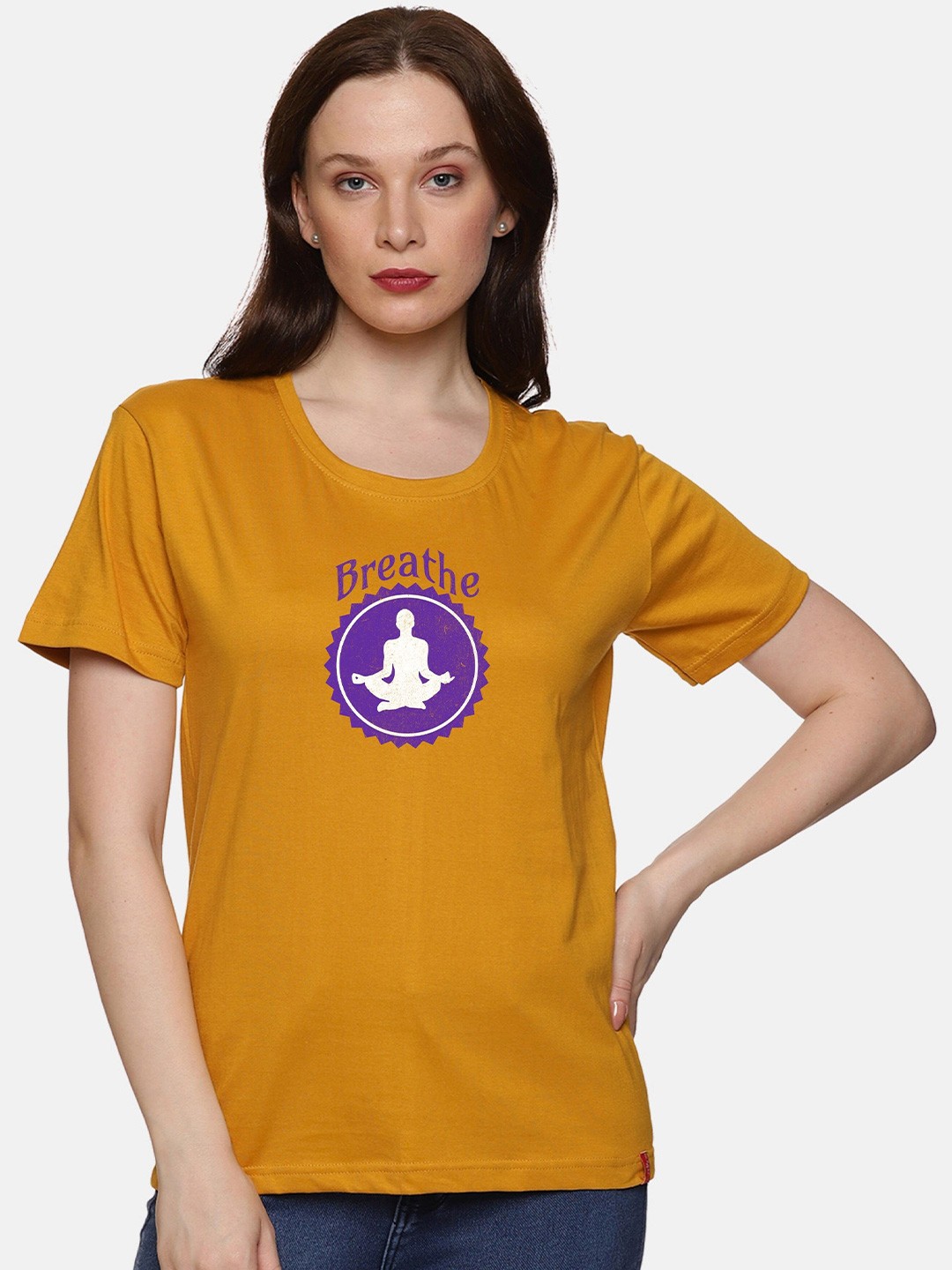 

NOT YET by us Typography Printed Casual Cotton T-shirt, Mustard