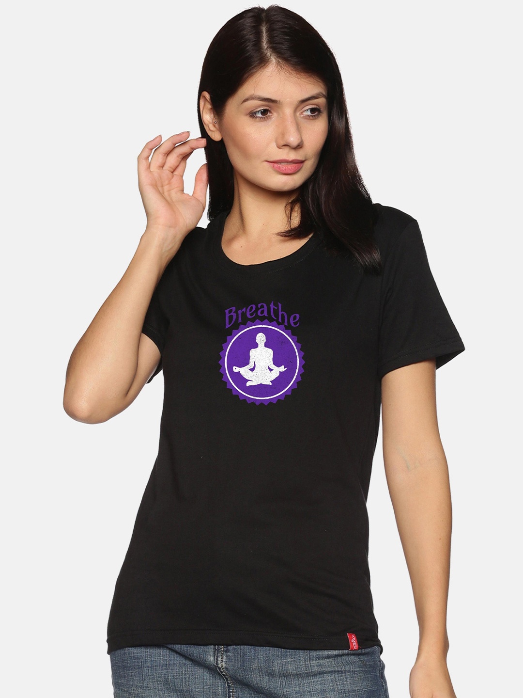 

NOT YET by us Graphic Printed Casual Cotton T-shirt, Black