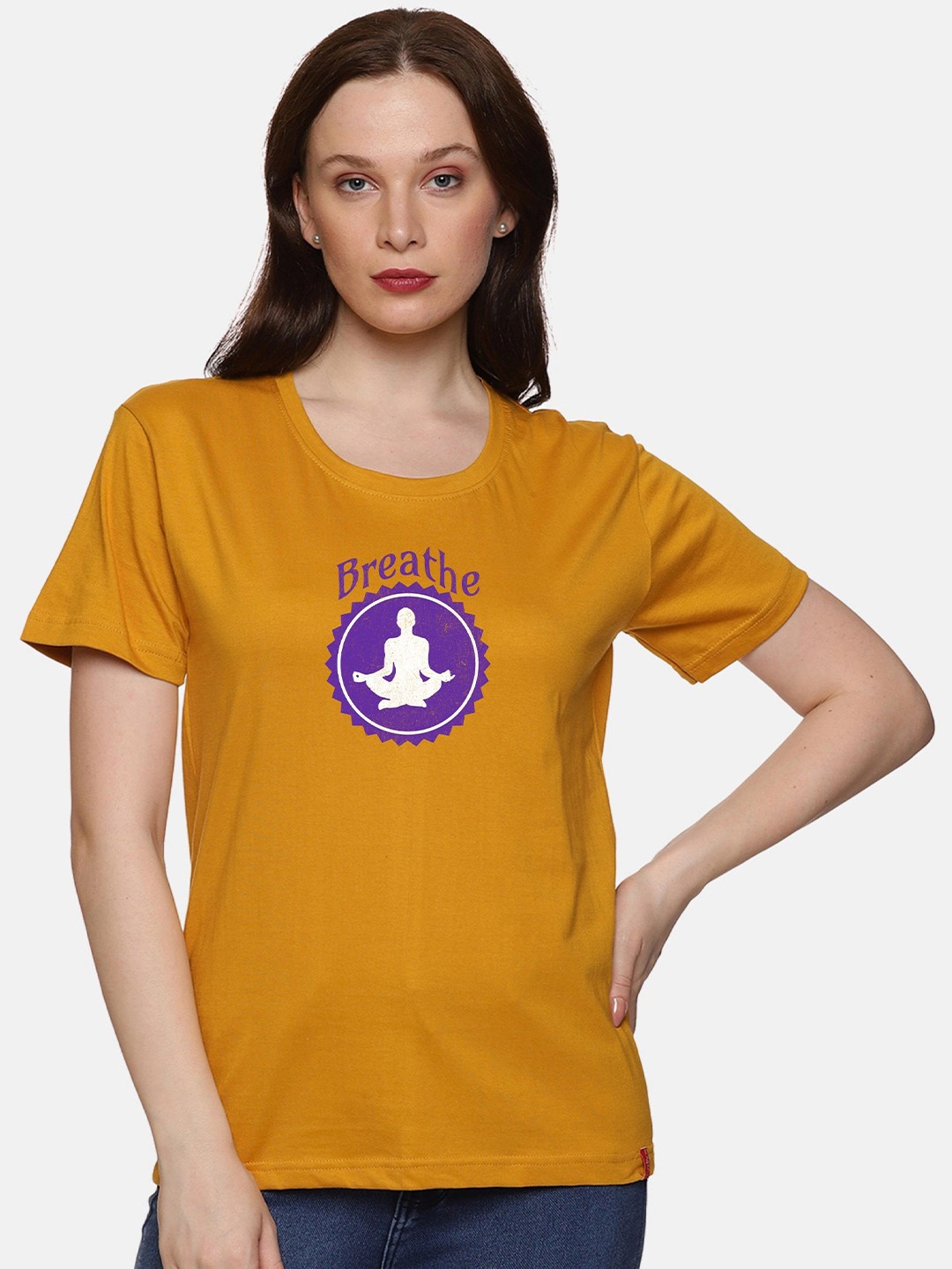 

NOT YET by us Typography Printed Casual Cotton T-shirt, Mustard