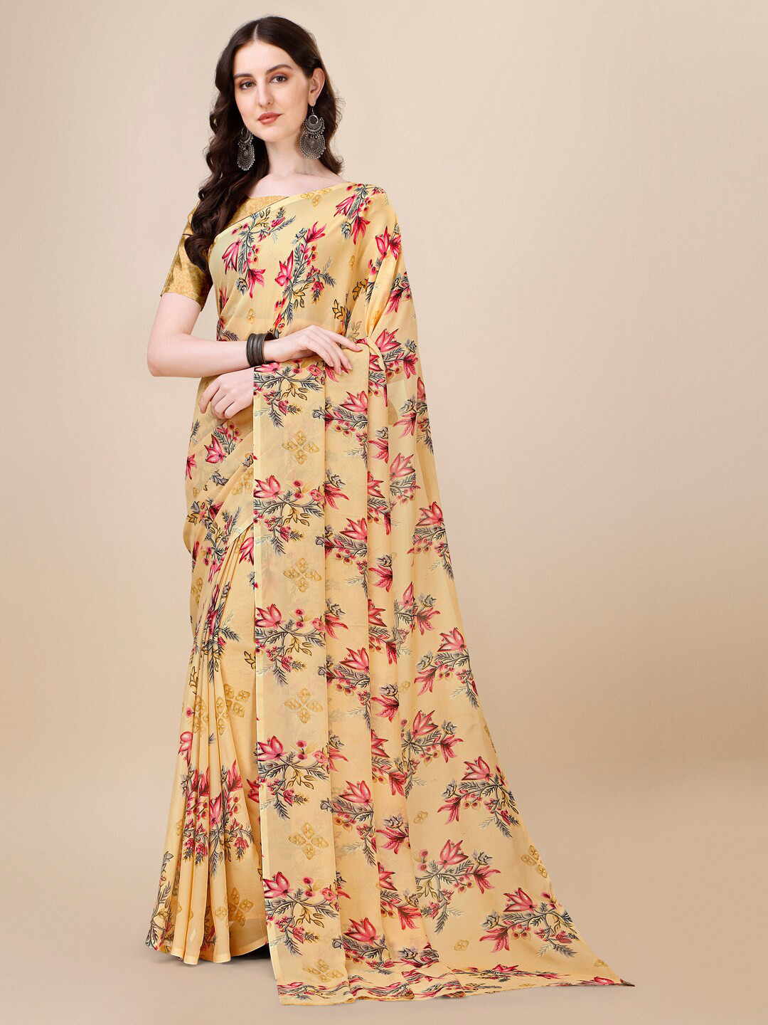 

Dori Floral Printed Poly Georgette Saree, Beige