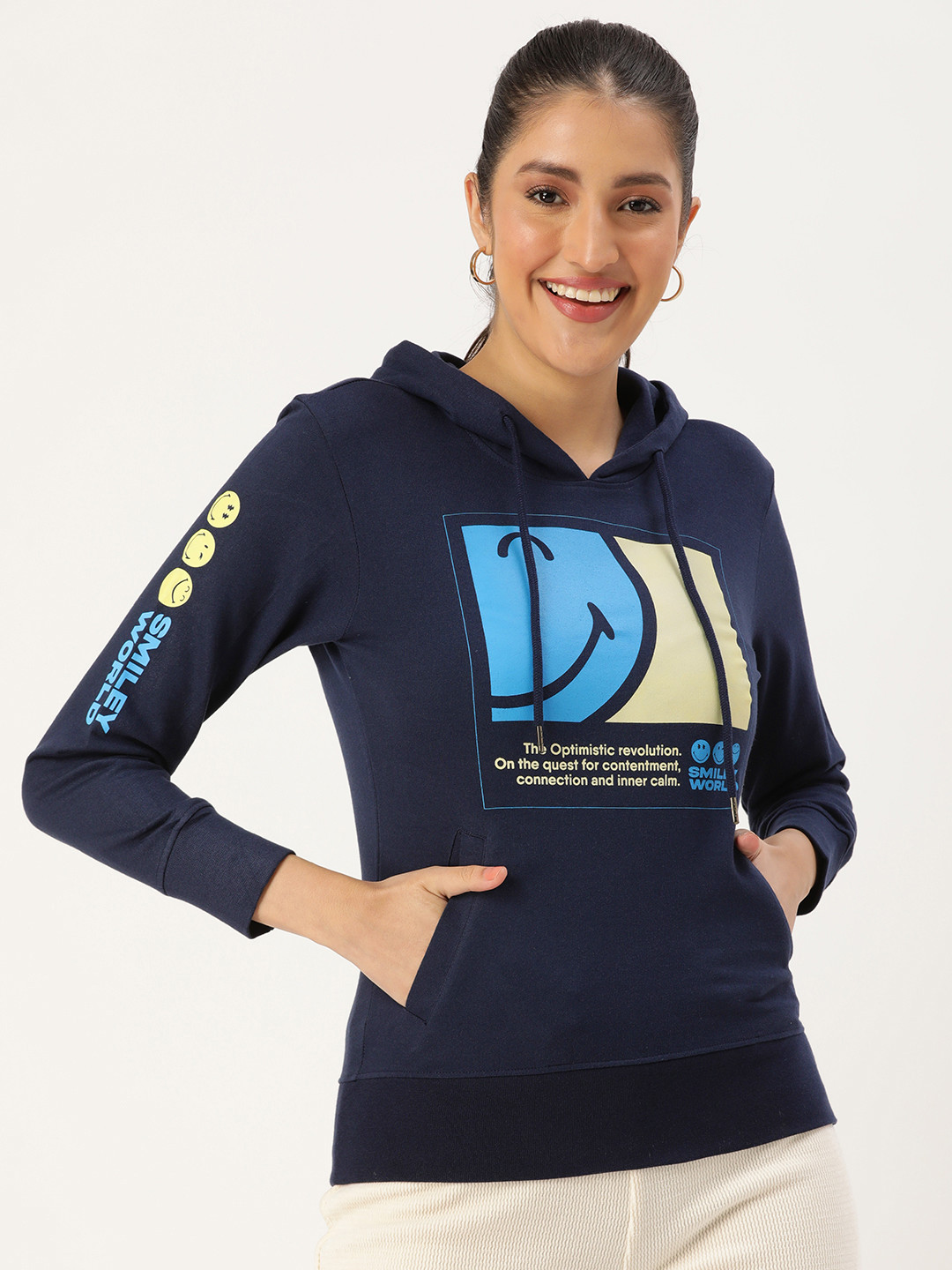 

Smiley Graphic Printed Hooded Sweatshirt, Navy blue