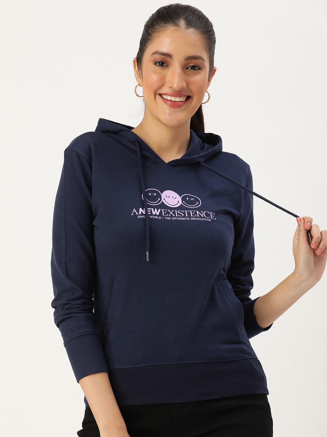 

Smiley Graphic Printed Hooded Sweatshirt, Navy blue