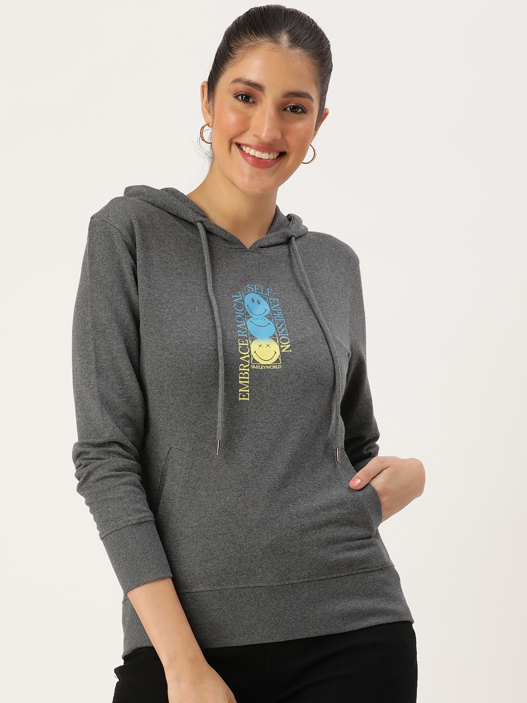 

Smiley Graphic Printed Hooded Sweatshirt, Grey