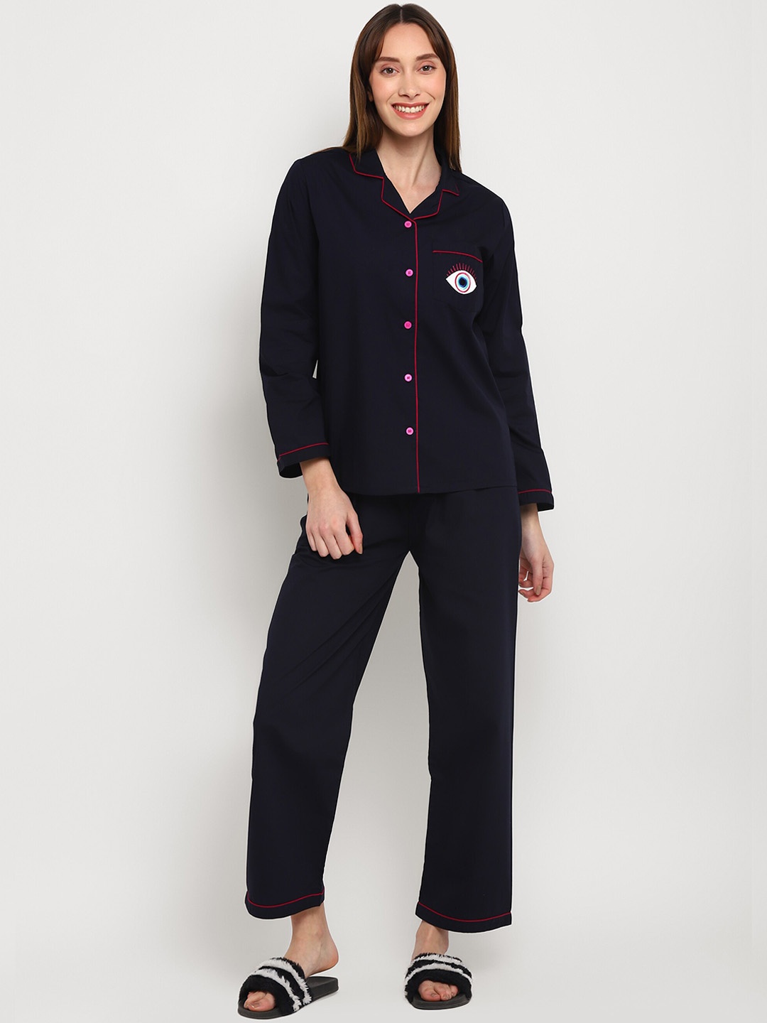 

shopbloom Women Evil Eye Embroidered Pure Cotton Lapel Collar Shirt & Pyjamas, Navy blue